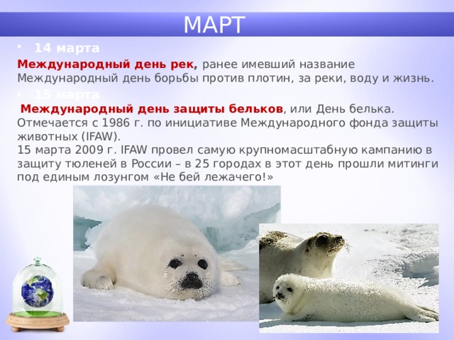 МАРТ 14 марта Международный день рек , ранее имевший название Международный день борьбы против плотин, за реки, воду и жизнь. 15 марта  Международный день защиты бельков , или День белька. Отмечается с 1986 г. по инициативе Международного фонда защиты животных (IFAW). 15 марта 2009 г. IFAW провел самую крупномасштабную кампанию в защиту тюленей в России – в 25 городах в этот день прошли митинги под единым лозунгом «Не бей лежачего!»  