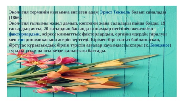 Экология терминін ғылымға енгізген адам  Эрнст Геккель  болып саналады (1866). Экология  ғылымы  жедел дамып, көптеген жаңа салалары пайда болды. 19 ғасырдың аяғы, 20 ғасырдың басында ғалымдар негізінен жекелеген  факторлардың , әсіресе климаттық факторлардың, организмдердің таралуы мен  сан  динамикасына әсерін зерттеді. Бірімен-бірі тығыз байланысқан, біртұтас құрылымдық бірлік түзетін азғалар қауымдастықтары (қ.  Биоценоз ) туралы ұғым да осы кезде қалыптаса бастады. 