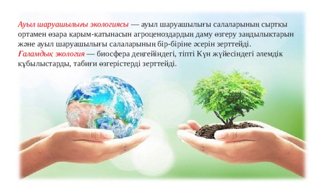 Ауыл шаруашылығы экологиясы  — ауыл шаруашылығы салаларының сыртқы ортамен өзара қарым-қатынасын агроценоздардың даму өзгеру заңдылықтарын және ауыл шаруашылығы салаларының бір-біріне әсерін зерттейді. Ғаламдық экология   — биосфера деңгейіндегі, тіпті Күн жүйесіндегі әлемдік құбылыстарды, табиғи өзгерістерді зерттейді.  