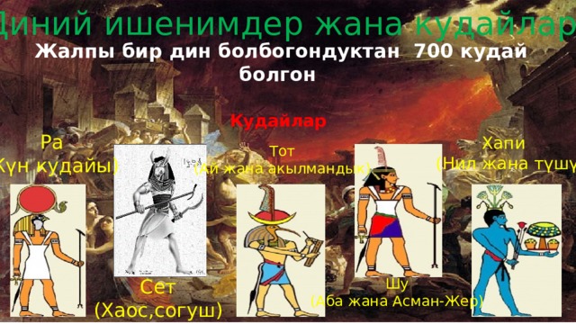 Диний ишенимдер жана кудайлар Жалпы бир дин болбогондуктан 700 кудай болгон Кудайлар Ра (Күн кудайы) Хапи  (Нил жана түшүм) Тот (Ай жана акылмандык) Шу (Аба жана Асман-Жер) Сет (Хаос,согуш) 