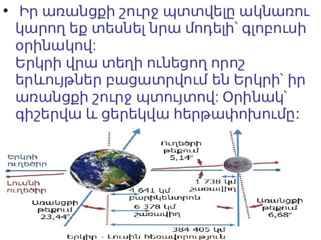   Իր առանցքի շուրջ պտտվելը ակնառու կարող եք տեսնել նրա մոդելի՝ գլոբուսի օրինակով:  Երկրի վրա տեղի ունեցող որոշ երևույթներ բացատրվում են Երկրի՝ իր առանցքի շուրջ պտույտով: Օրինակ՝ գիշերվա և ցերեկվա հերթափոխումը :  