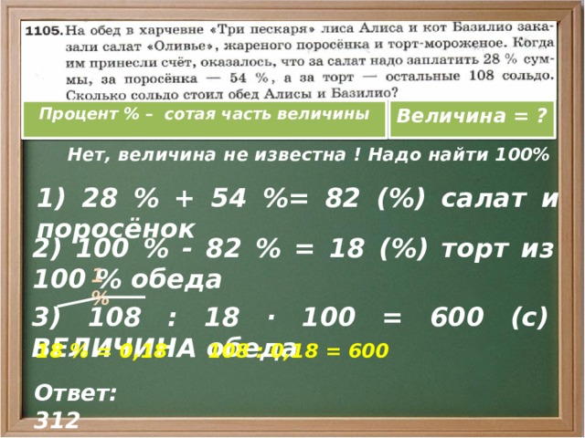Величина = ? Процент % – сотая часть величины  Нет, величина не известна ! Надо найти 100% 1) 28 % + 54 %= 82 (%) салат и поросёнок 2) 100 % - 82 % = 18 (%) торт из 100 % обеда 1 % 3) 108 : 18 · 100 = 600 (с) ВЕЛИЧИНА обеда 18 % = 0,18 108 : 0,18 = 600 Ответ: 312 
