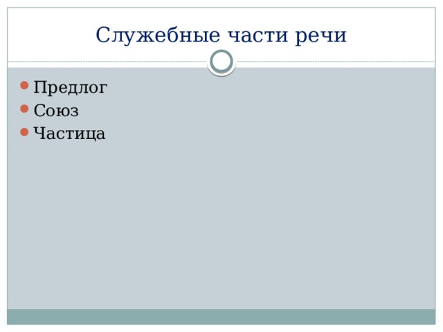 Служебные части речи Предлог Союз Частица 
