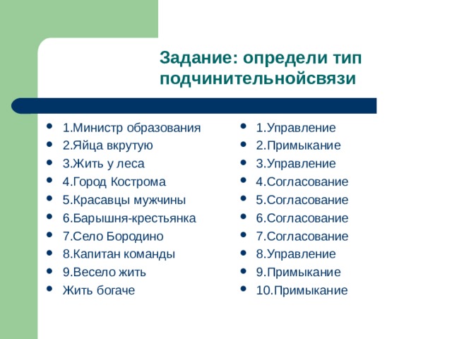 Задание: определи тип подчинительнойсвязи  1.Министр образования 2.Яйца вкрутую 3.Жить у леса 4.Город Кострома 5.Красавцы мужчины 6.Барышня-крестьянка 7.Село Бородино 8.Капитан команды 9.Весело жить Жить богаче 1.Управление 2.Примыкание 3.Управление 4.Согласование 5.Согласование 6.Согласование 7.Согласование 8.Управление 9.Примыкание 10.Примыкание  