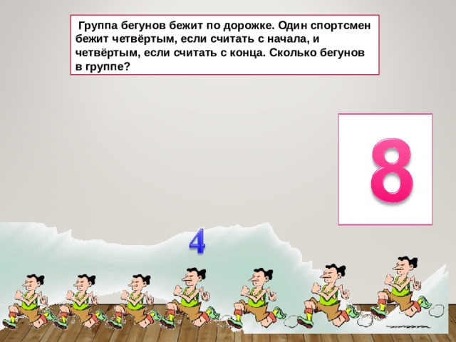  Группа бегунов бежит по дорожке. Один спортсмен бежит четвёртым, если считать с начала, и четвёртым, если считать с конца. Сколько бегунов в группе? 