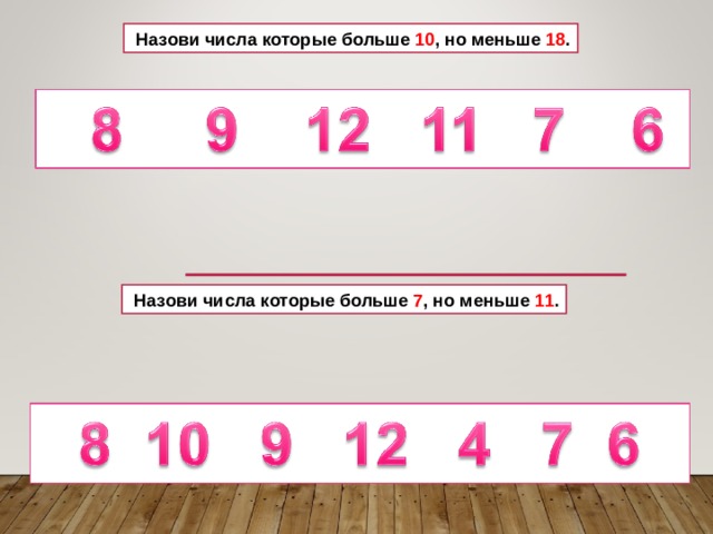  Назови числа которые больше 10 , но меньше 18 .  Назови числа которые больше 7 , но меньше 11 . 