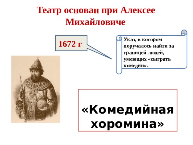 Театр основан при Алексее Михайловиче  Указ, в котором поручалось найти за границей людей, умеющих «сыграть комедии». 1672 г  «Комедийная хоромина» 