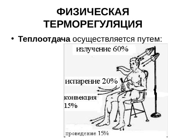 ФИЗИЧЕСКАЯ ТЕРМОРЕГУЛЯЦИЯ Теплоотдача осуществляется путем: 