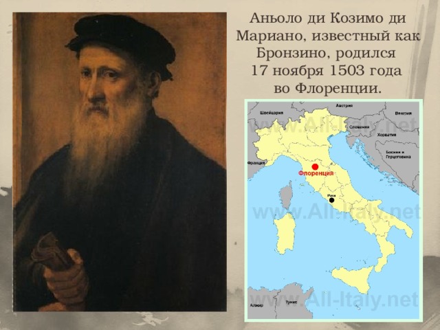 Аньоло ди Козимо ди Мариано, известный как Бронзино, родился 17 ноября 1503 года во Флоренции. 