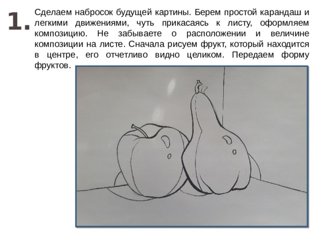 1. Сделаем набросок будущей картины. Берем простой карандаш и легкими движениями, чуть прикасаясь к листу, оформляем композицию. Не забываете о расположении и величине композиции на листе. Сначала рисуем фрукт, который находится в центре, его отчетливо видно целиком. Передаем форму фруктов. 