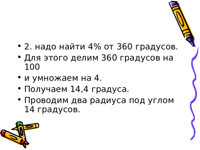 2. надо найти 4% от 360 градусов. Для этого делим 360 градусов на 100 и умножаем на 4. Получаем 14,4 градуса. Проводим два радиуса под углом 14 градусов. 