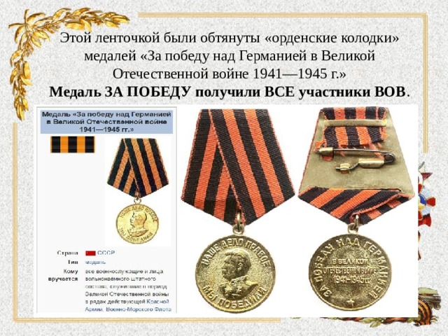 Этой ленточкой были обтянуты «орденские колодки» медалей «За победу над Германией в Великой Отечественной войне 1941—1945 г.»    Медаль ЗА ПОБЕДУ получили ВСЕ участники ВОВ .  