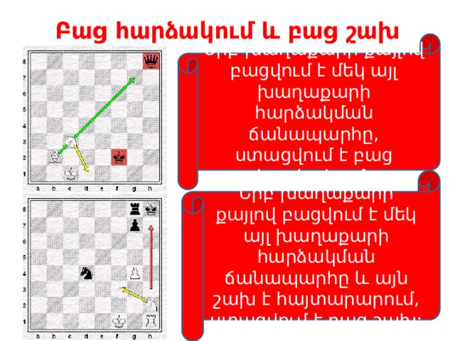 Բաց հարձակում և բաց շախ Երբ խաղաքարի քայլով բացվում է մեկ այլ խաղաքարի հարձակման ճանապարհը, ստացվում է բաց հարձակում: Երբ խաղաքարի քայլով բացվում է մեկ այլ խաղաքարի հարձակման ճանապարհը և այն շախ է հայտարարում, ստացվում է բաց շախ: 