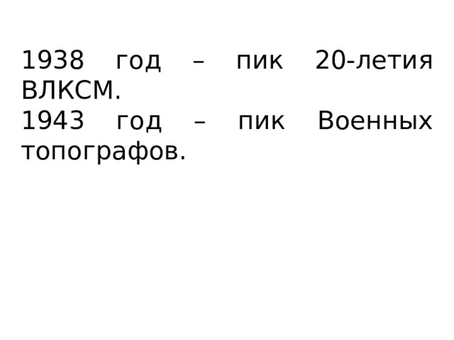 1938 год – пик 20-летия ВЛКСМ. 1943 год – пик Военных топографов. 