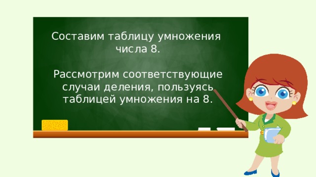 Составим таблицу умножения числа 8. Рассмотрим соответствующие случаи деления, пользуясь таблицей умножения на 8. 