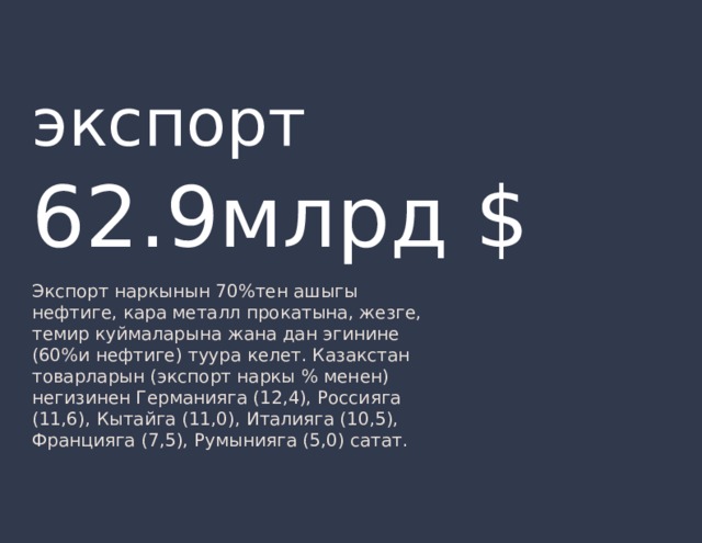 экспорт 62.9млрд $ Экспорт наркынын 70%тен ашыгы нефтиге, кара металл прокатына, жезге, темир куймаларына жана дан эгинине (60%и нефтиге) туура келет. Казакстан товарларын (экспорт наркы % менен) негизинен Германияга (12,4), Россияга (11,6), Кытайга (11,0), Италияга (10,5), Францияга (7,5), Румынияга (5,0) сатат. 