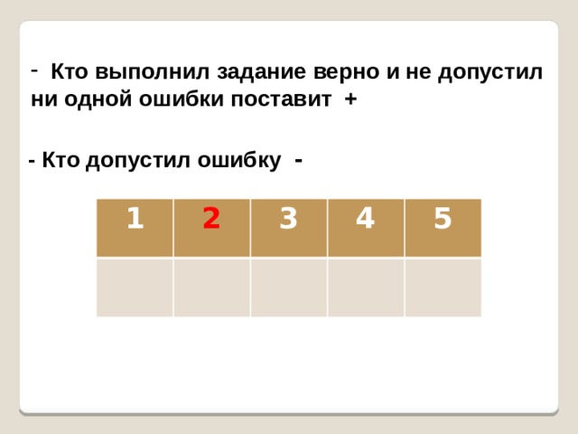  Кто выполнил задание верно и не допустил ни одной ошибки поставит +   - Кто допустил ошибку -  1 2 3 4 5 