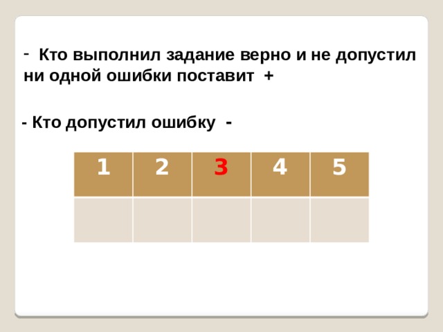  Кто выполнил задание верно и не допустил ни одной ошибки поставит +   - Кто допустил ошибку -  1 2 3 4 5 