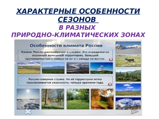 ХАРАКТЕРНЫЕ ОСОБЕННОСТИ СЕЗОНОВ   В РАЗНЫХ ПРИРОДНО-КЛИМАТИЧЕСКИХ ЗОНАХ 