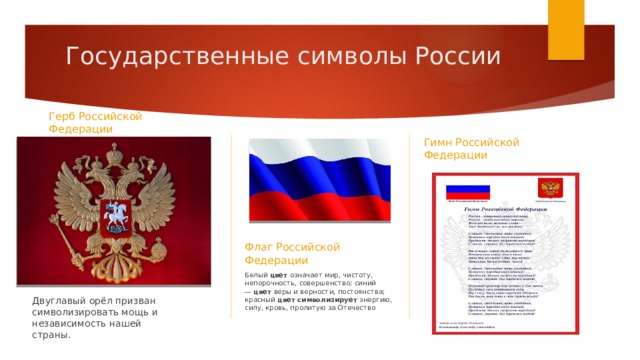 Государственные символы России   Герб Российской Федерации Гимн Российской Федерации Флаг Российской Федерации Белый  цвет  означает мир, чистоту, непорочность, совершенство; синий —  цвет  веры и верности, постоянства; красный  цвет символизирует  энергию, силу, кровь, пролитую за Отечество Двуглавый орёл призван символизировать мощь и независимость нашей страны. 