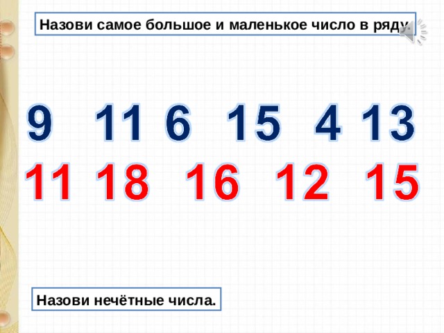 Назови самое большое и маленькое число в ряду. Назови нечётные числа. 