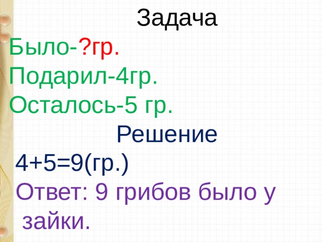  Задача Было- ?гр. Подарил-4гр. Осталось-5 гр.  Решение  4+5=9(гр.)  Ответ: 9 грибов было у  зайки. 