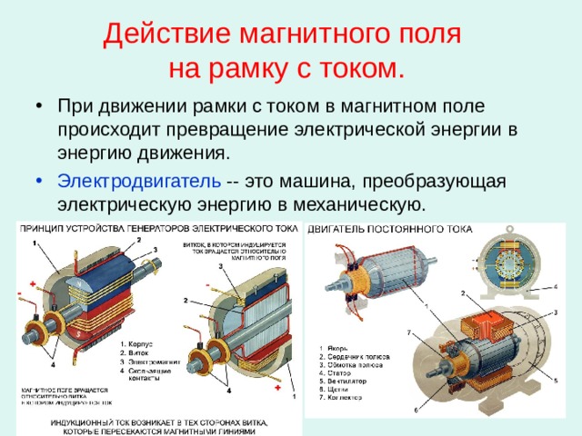 Действие магнитного поля  на рамку с током. При движении рамки с током в магнитном поле происходит превращение электрической энергии в энергию движения. Электродвигатель -- это машина, преобразующая электрическую энергию в механическую. 