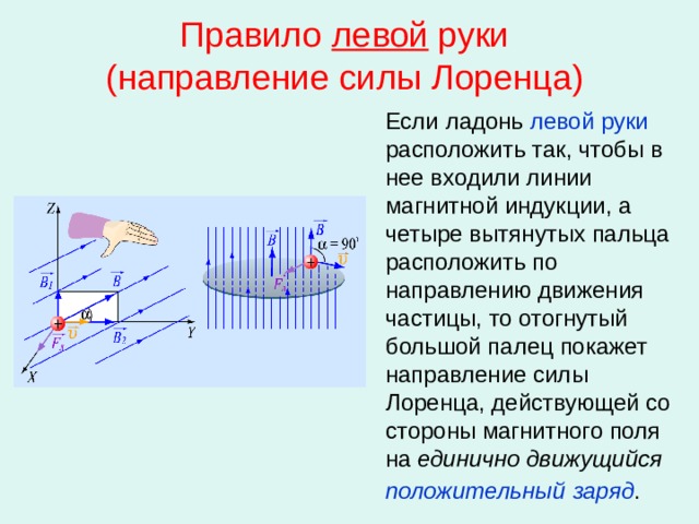 Правило левой руки  (направление силы Лоренца)  Если ладонь левой  руки расположить так, чтобы в нее входили линии магнитной индукции, а четыре вытянутых пальца расположить по направлению движения частицы, то отогнутый большой палец покажет направление силы Лоренца, действующей со стороны магнитного поля на единично  движущийся  положительный  заряд . 