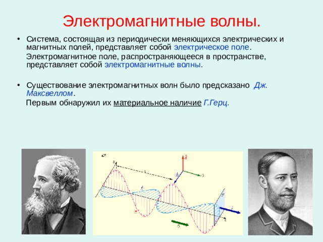 Электромагнитные волны. Система, состоящая из периодически меняющихся электрических и магнитных полей, представляет собой электрическое поле .  Электромагнитное поле, распространяющееся в пространстве, представляет собой электромагнитные волны . Существование электромагнитных волн было предсказано Дж. Максвеллом .  Первым обнаружил их материальное наличие  Г.Герц.  