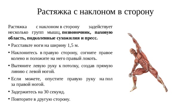 Растяжка с наклоном в сторону   Растяжка с наклоном в сторону задействует несколько групп мышц,  позвоночник, паховую область, подколенные сухожилия и пресс. Расставьте ноги на ширину 1,5 м. Наклонитесь в правую сторону, согните правое колено и положите на него правый локоть. Вытяните левую руку к потолку, создав прямую линию с левой ногой. Если можете, опустите правую руку на пол за правой ногой. Задержитесь на 30 секунд. Повторите в другую сторону. 