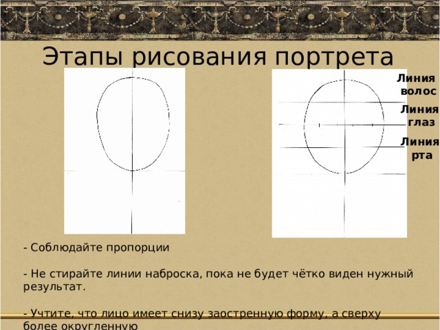 Этапы рисования портрета Линия  волос Линия глаз Линия рта - Соблюдайте пропорции   - Не стирайте линии наброска, пока не будет чётко виден нужный результат.   - Учтите, что лицо имеет снизу заостренную форму, а сверху более округленную 