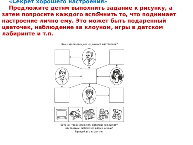 «Секрет хорошего настроения» Предложите детям выполнить задание к рисунку, а затем попросите каждого вспомнить то, что поднимает настроение лично ему. Это может быть подаренный цветочек, наблюдение за клоуном, игры в детском лабиринте и т.п. - 