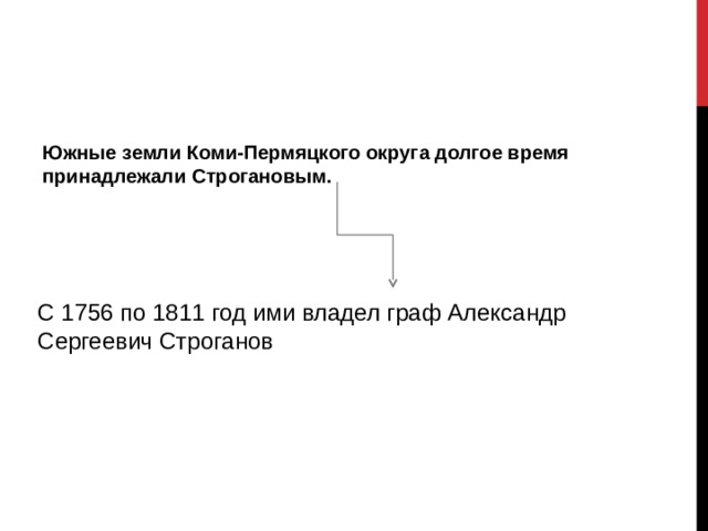Южные земли Коми-Пермяцкого округа долгое время принадлежали Строгановым. С 1756 по 1811 год ими владел граф Александр Сергеевич Строганов 