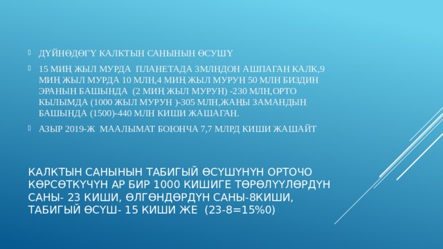 ДҮЙНӨДӨГҮ КАЛКТЫН САНЫНЫН ӨСУШҮ 15 МИҢ ЖЫЛ МУРДА ПЛАНЕТАДА 3МЛНДОН АШПАГАН КАЛК,9 МИҢ ЖЫЛ МУРДА 10 МЛН,4 МИҢ ЖЫЛ МУРУН 50 МЛН БИЗДИН ЭРАНЫН БАШЫНДА (2 МИҢ ЖЫЛ МУРУН) -230 МЛН,ОРТО КЫЛЫМДА (1000 ЖЫЛ МУРУН )-305 МЛН,ЖАҢЫ ЗАМАНДЫН БАШЫНДА (1500)-440 МЛН КИШИ ЖАШАГАН. АЗЫР 2019-Ж МААЛЫМАТ БОЮНЧА 7,7 МЛРД КИШИ ЖАШАЙТ Калктын санынын табигый өсүшүнүн орточо көрсөткүчүн ар бир 1000 кишиге төрөлүүлөрдүн саны- 23 киши, өлгөндөрдүн саны-8киши, табигый өсүш- 15 киши же (23-8=15%0) 