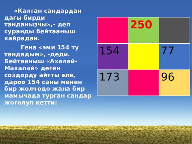  «Калган сандардан дагы бирди танданызчы»,- деп суранды бейтааныш кайрадан.  Гена «эми 154 ту тандадым», -деди. Бейтааныш «Ахалай-Махалай» деген создорду айтты эле, дароо 154 саны менен бир жолчодо жана бир мамычада турган сандар жоголуп кетти:   250 154 173 77 96 