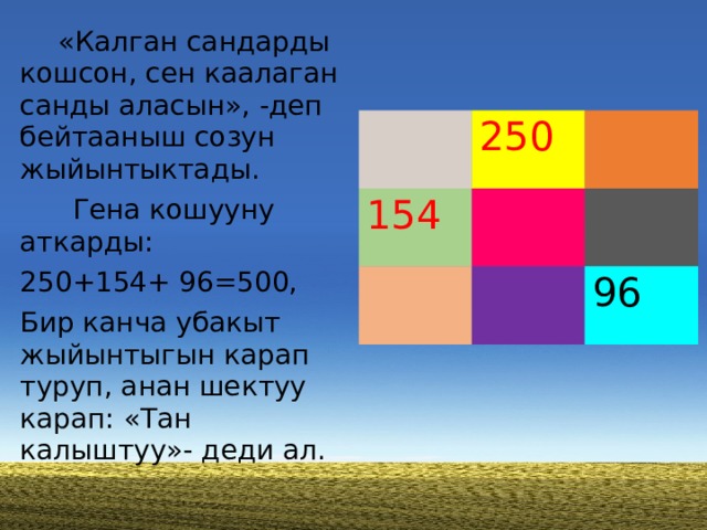  «Калган сандарды кошсон, сен каалаган санды аласын», -деп бейтааныш созун жыйынтыктады.  Гена кошууну аткарды: 250+154+ 96=500, Бир канча убакыт жыйынтыгын карап туруп, анан шектуу карап: «Тан калыштуу»- деди ал. 250 154 96 