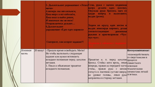 Основная часть  20 минут  - Пришло время освободить Митю! Но чтобы выполнить следующие задание нам нужно вспомнить исходное положение перед началом метания. 5. Дыхательное упражнение «Летят мячи»    А теперь мы мяч возьмем, Стоя, руки с мячом поднимая вверх делаем вдох (носом). Опуская руки бросить мяч от груди вперед и выполнить выдох (ртом). 1. Показ и объяснение принятие исходного положения.   Руки вверх и все вздохнём, Коммуникативные:   Руки вниз и выдох ртом, взаимодействовать со сверстниками в процессе совместного освоения техническими элементами легкой атлетики. Принятие и. п. перед началом броска. Стой­ка ноги врозь, левая впереди, правая на передней части стопы, правая рука с мячом согнута в локте­вом суставе вверху на уровне головы, левая рука направлена в сторону метания. И закончим мы на том! Ходим по кругу, вдох носом и выдох имитируя паровоз, делая соответствующие движения руками и приговаривая «Чух-чух-чух». Отправляемся дальше…  6.Дыхательное Подошли к табличке с заданием № 2 упражнение «Едет-едет паровоз»       Смотрите, там второе задание?!   