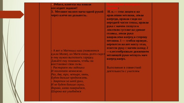   - Ребята, кажется мы нашли последнее задание!  3. Метание малого мяча одной рукой через плечо на дальность.  Выполнение четвертого задания :  И. п.— стоя лицом в на­правлении метания, левая впереди, правая сзади на передней части стопы, правая рука с мячом со­гнута в локтевом суставе на уровне головы, левая рука направлена вперед в сторону метания. 1 — сгибая правую, перенести на нее массу тела, отвести руку с мячом назад; 2 —хлестообразным движением метающей руки метнуть мяч вперед-вверх.     Выполнение в совместной деятельности с учителем     - А вот и Митенька наш (появляется кукла Митя ), но Митя очень долго сидел и ему нужно выполнить зарядку. Давайте ему поможем, чтобы он восстановил свои силы. - Растираем мы ладошки И похлопаем немножко. Раз, два, три, четыре, пять, Будем дальше продолжать. - Закрепим за шеей руки, И не будет больше скуки, Вправо, влево повернёмся, Широко все улыбнёмся 