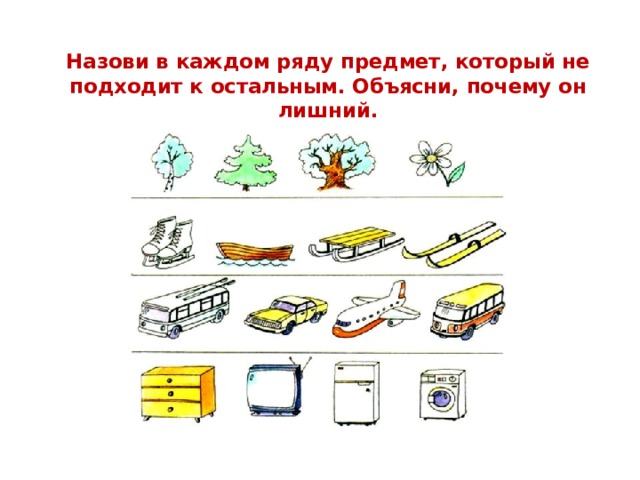 Назови в каждом ряду предмет, который не подходит к остальным. Объясни, почему он лишний. 