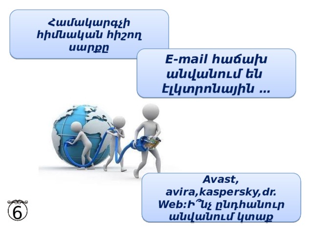 Համակարգչի հիմնական հիշող սարքը E-mail հաճախ անվանում են էլկտրոնային … Avast, avira,kaspersky,dr. Web:Ի ՞ նչ ընդհանուր անվանում կտաք 6 