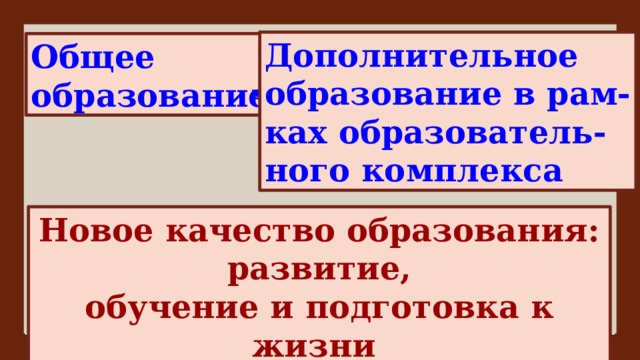 Дополнительное образование в рам- ках образователь- ного комплекса Общее образование + Новое качество образования: развитие, обучение и подготовка к жизни подрастающего поколения 