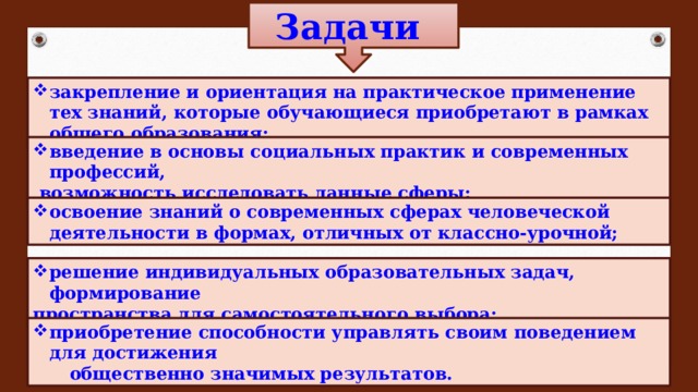 Задачи закрепление и ориентация на практическое применение тех знаний, которые обучающиеся приобретают в рамках общего образования; введение в основы социальных практик и современных профессий,  возможность исследовать данные сферы; освоение знаний о современных сферах человеческой деятельности в формах, отличных от классно-урочной; решение индивидуальных образовательных задач, формирование пространства для самостоятельного выбора; приобретение способности управлять своим поведением для достижения  общественно значимых результатов. 