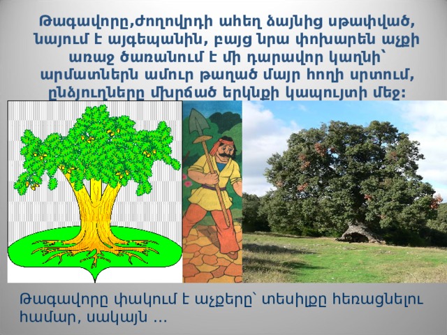 Թագավորը,ժողովրդի ահեղ ձայնից սթափված, նայում է այգեպանին, բայց նրա փոխարեն աչքի առաջ ծառանում է մի դարավոր կաղնի՝ արմատներն ամուր թաղած մայր հողի սրտում, ընձյուղները մխրճած երկնքի կապույտի մեջ: Թագավորը փակում է աչքերը՝ տեսիլքը հեռացնելու համար, սակայն ․․․ 