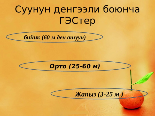 Суунун денгээли боюнча ГЭСтер  бийик (60 м ден ашуун) Орто (25-60 м) Жапыз (3-25 м ) 