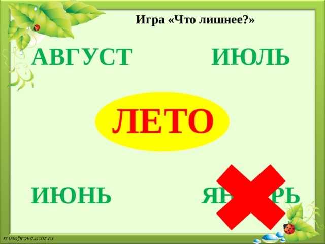 Игра «Что лишнее?» ИЮЛЬ АВГУСТ ЛЕТО ИЮНЬ ЯНВАРЬ 
