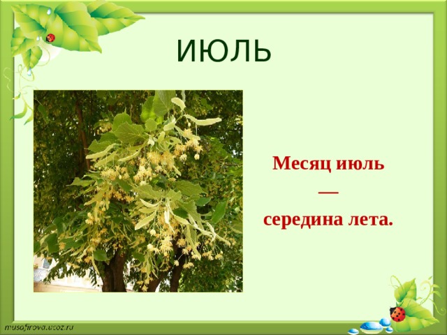 ИЮЛЬ Месяц июль — середина лета. 
