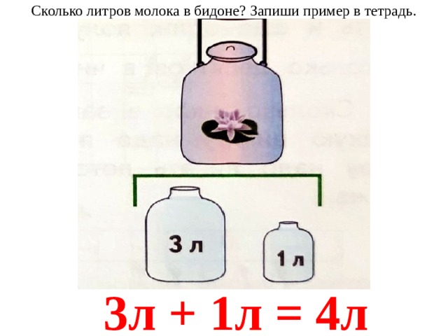 Сколько литров молока в бидоне? Запиши пример в тетрадь. 3л + 1л = 4л 