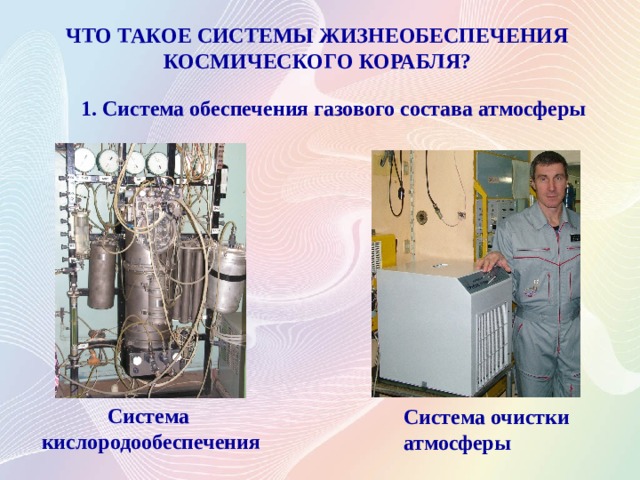 ЧТО ТАКОЕ СИСТЕМЫ ЖИЗНЕОБЕСПЕЧЕНИЯ КОСМИЧЕСКОГО КОРАБЛЯ? 1. Система обеспечения газового состава атмосферы Система кислородообеспечения Система очистки атмосферы 