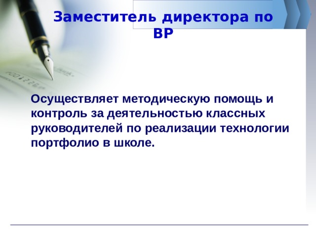 Заместитель директора по ВР Осуществляет методическую помощь и контроль за деятельностью классных руководителей по реализации технологии портфолио в школе. 