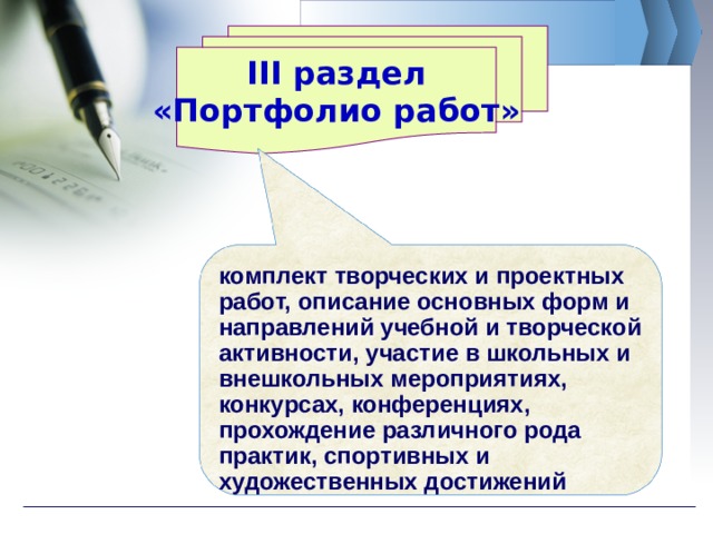 III раздел «Портфолио работ» комплект творческих и проектных работ, описание основных форм и направлений учебной и творческой активности, участие в школьных и внешкольных мероприятиях, конкурсах, конференциях, прохождение различного рода практик, спортивных и художественных достижений 